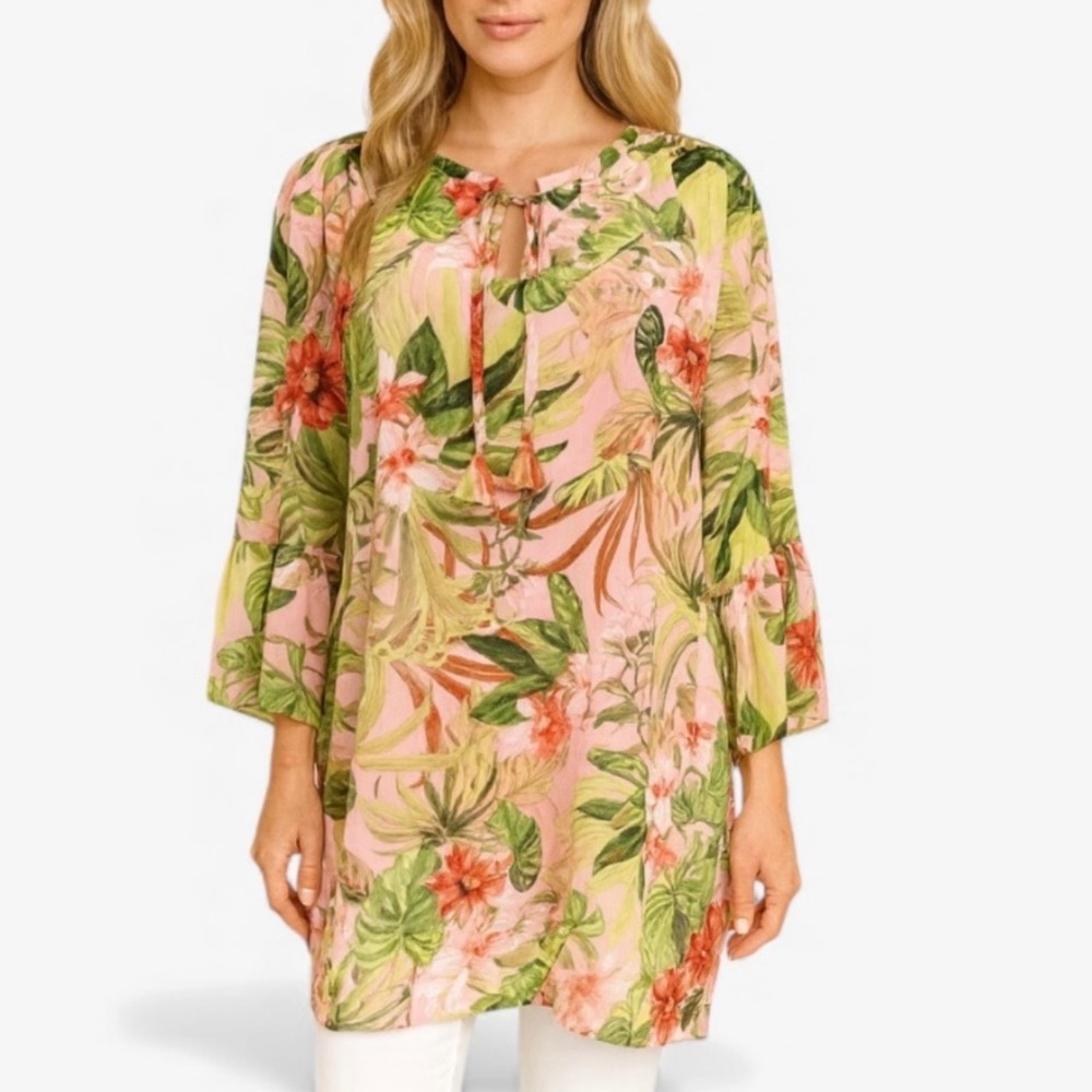 J Jill Pink Tropical Floral Tunic Top Medium Vacation Resort Spring Boho Beach